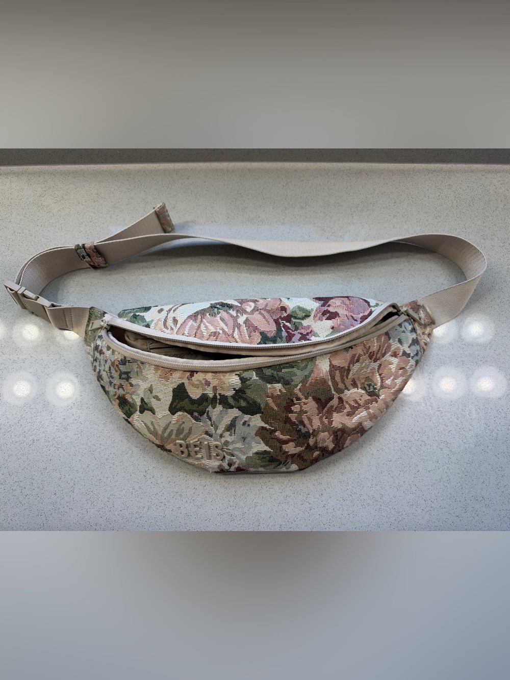BEIS Floral Tapestry Crossbody Belt Bag in Beige, Pink, Green